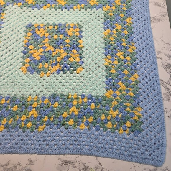 Handmade Blue Yellow Crocheted Granny Patch Baby Blanket Throw - Picture 4 of 8